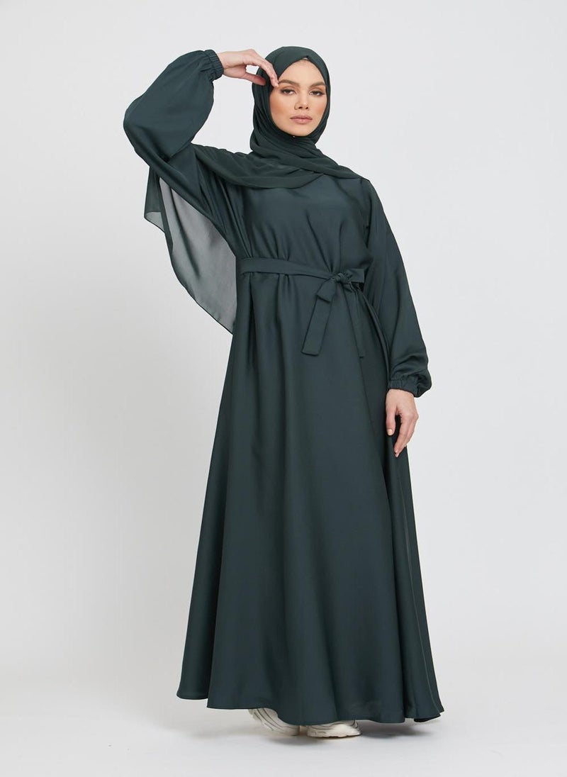NUKHBAA Elegant Green plain abaya wityh belt and Hijab-AB69  - Image 1