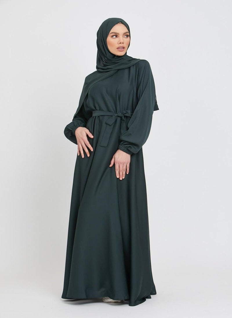 NUKHBAA Elegant Green plain abaya wityh belt and Hijab-AB69  - Image 2