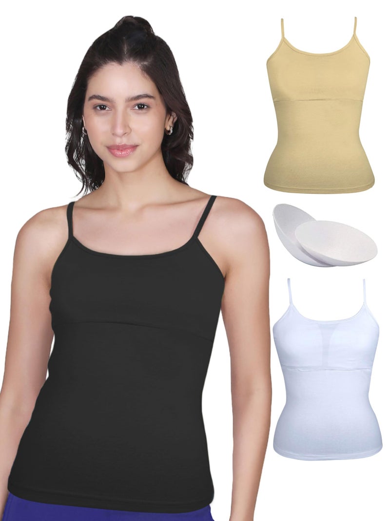 DChica Padded Camisole Bra for Women, Sleeveless Undershirts Cami Vest with Adjustable Straps Cotton Camisole Tank Top/Innerwear for Women (Pack of 3) - Image 1
