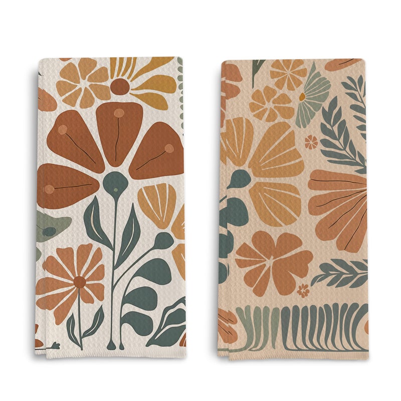 Qpenm Abstract Boho Floral Kitchen Towels Set of 2, 70s Retro Groovy Dish Towels for Kitchen, Vintage Boho Hand Towels for Bathroom, 16x24 Inches - Image 1