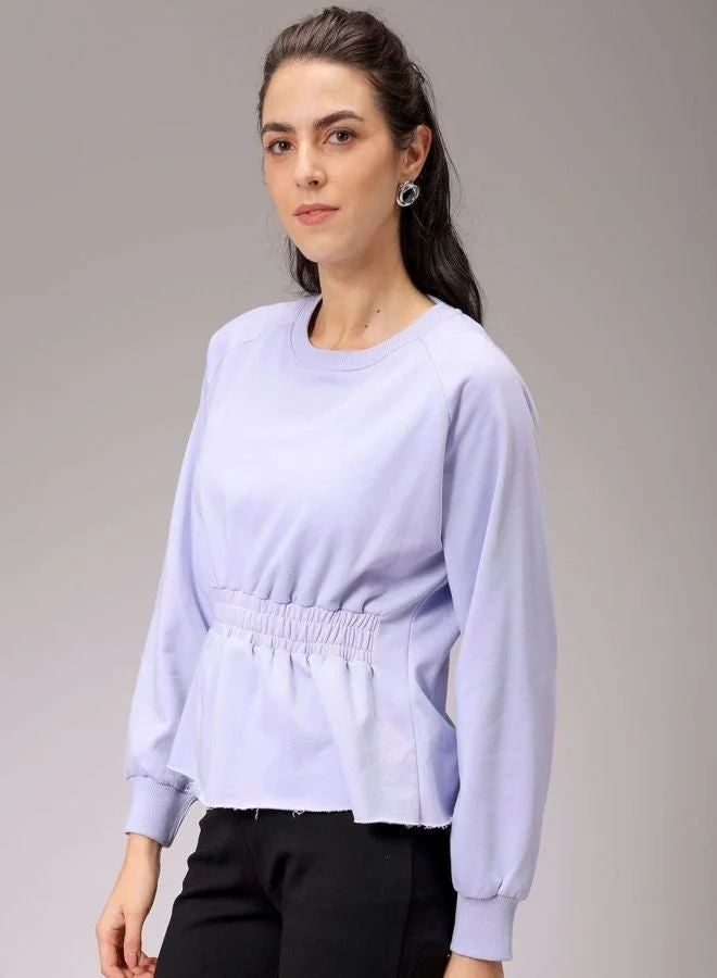 مرفوعة Women Fit and Flared Solid Crew Neck Long Sleeve Shirred Sweatshirt