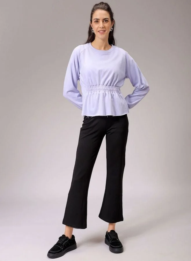 مرفوعة Women Fit and Flared Solid Crew Neck Long Sleeve Shirred Sweatshirt