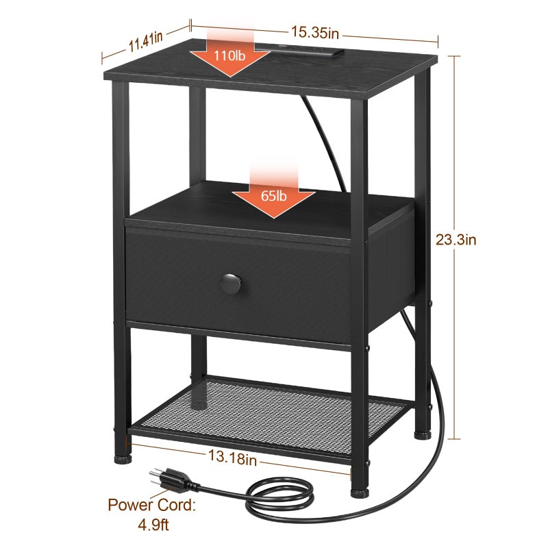 LOAKEKEL Night Stand Set 2, LED Nightstand with Charging Station, End Tables Living Room with Fabric Drawer, Small Bed Side Tables for Bedroom, Small Space, Black, HETS01BK - Image 5