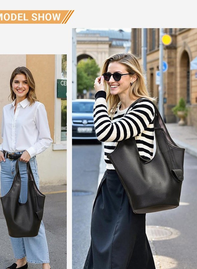 Herald Slouchy Hobo Bags for Women 2PCS Vegan Leather Large Capacity Shoulder Purses Tote Handbags with Sunglasses Case, Black - Image 2