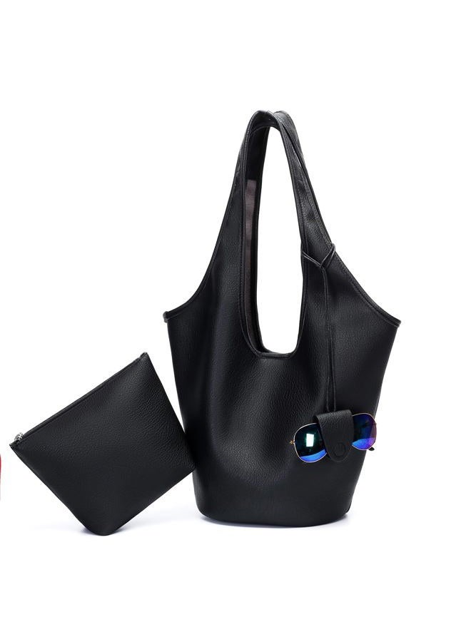 Herald Slouchy Hobo Bags for Women 2PCS Vegan Leather Large Capacity Shoulder Purses Tote Handbags with Sunglasses Case, Black - Image 1