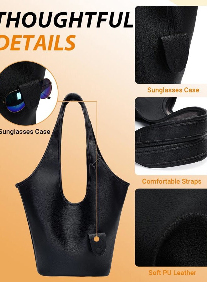 Herald Slouchy Hobo Bags for Women 2PCS Vegan Leather Large Capacity Shoulder Purses Tote Handbags with Sunglasses Case, Black - Image 3