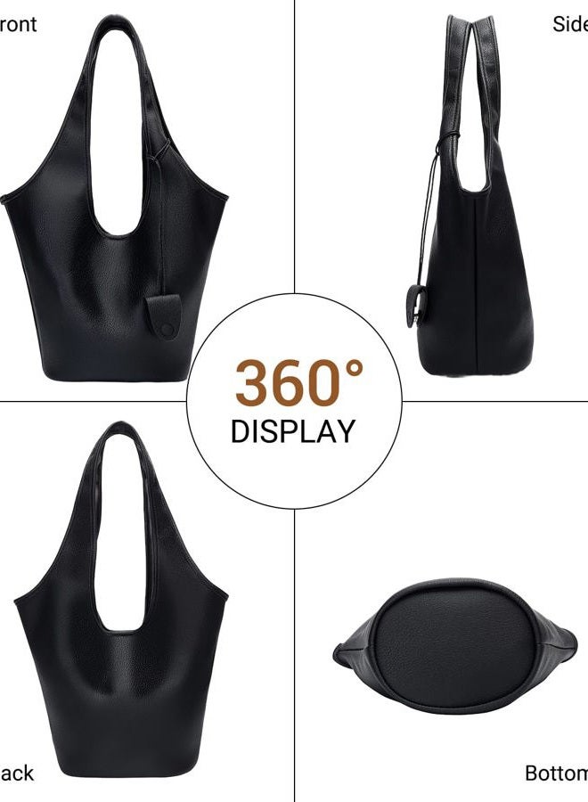 Herald Slouchy Hobo Bags for Women 2PCS Vegan Leather Large Capacity Shoulder Purses Tote Handbags with Sunglasses Case, Black - Image 4