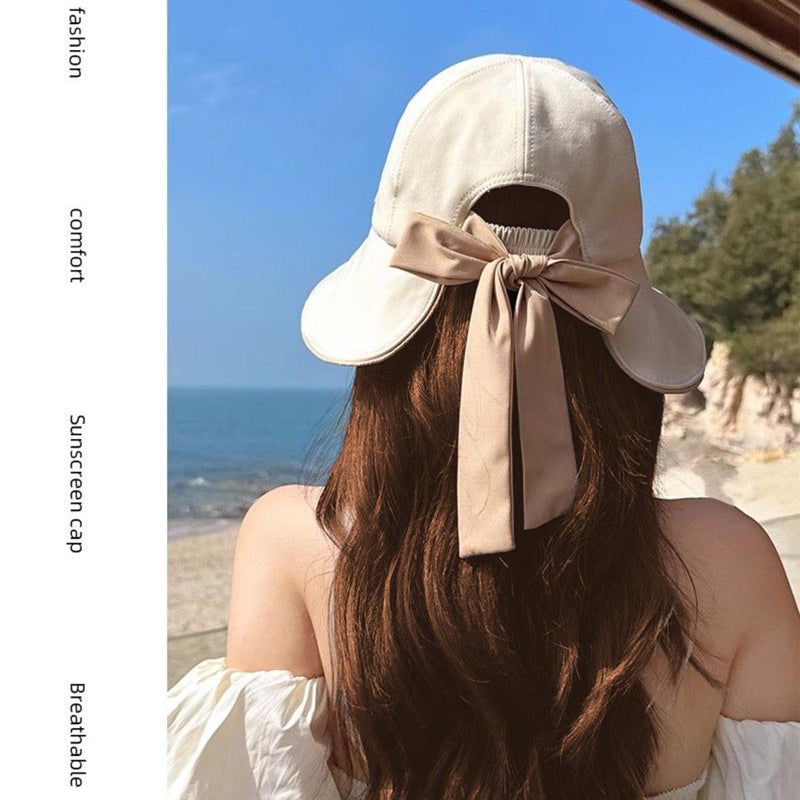 huablo Wide Brim Hats for Woman Foldable Hats Sun Hats for Women uv Protection Bowknot Fishing hat Adjustable hat with Ponytail Hole Beige - Image 4
