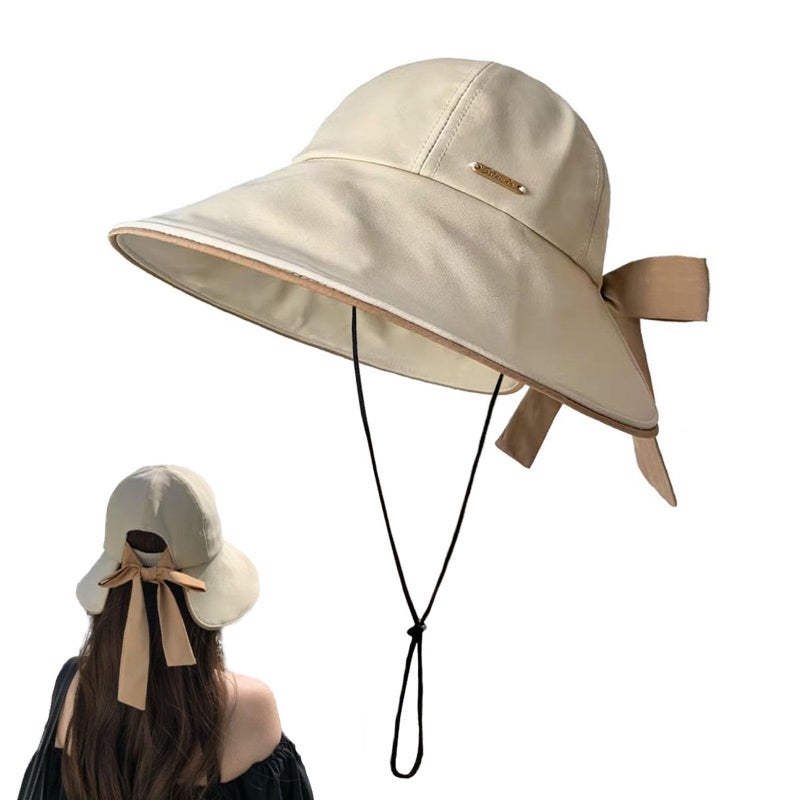 huablo Wide Brim Hats for Woman Foldable Hats Sun Hats for Women uv Protection Bowknot Fishing hat Adjustable hat with Ponytail Hole Beige - Image 1