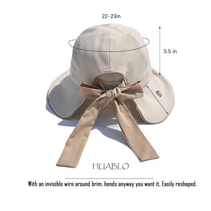 huablo Wide Brim Hats for Woman Foldable Hats Sun Hats for Women uv Protection Bowknot Fishing hat Adjustable hat with Ponytail Hole Beige - Image 5