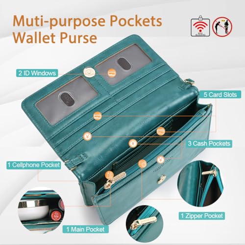 APHISON Multi-Function Small Crossbody Bags For Women,Cell Phone Shoulder Bag,Clutch Purse,RFID Wristlet Wallet,Card Holder Peacock-Blue - Image 3
