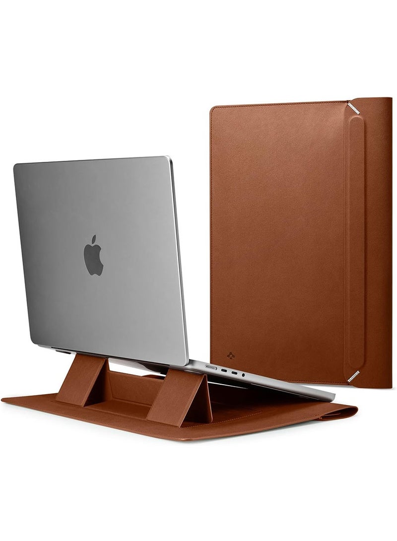 Spigen Laptop Sleeve Valentinus S 13 14 inch for MacBook Pro Built in Magnetic Flap with [Foldable Stand] Leather Laptop Case Cover Laptop Pouch Bag - Classic Brown  - Image 1
