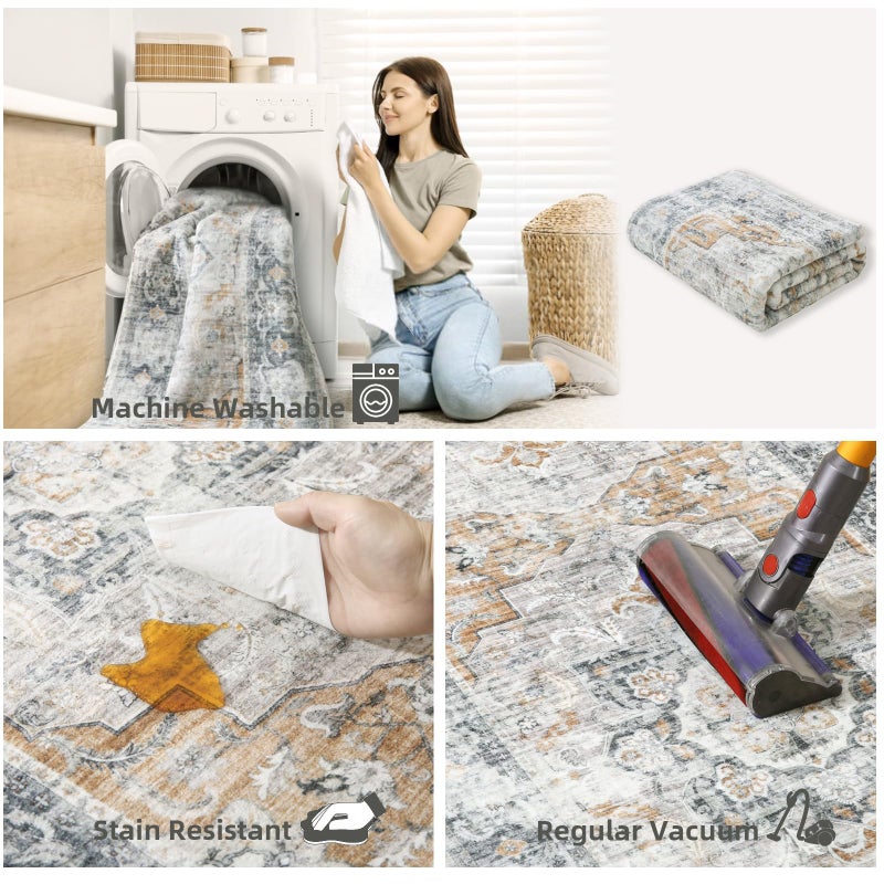 palohom Machine Washable Living Room Rug: 5'x7' Bedroom Rugs Boho Vintage Large Rug Stain Resistant Non Slip Low Pile Faux Wool Soft Rugs for Dining Room Bedside Kitchen Entryway Nursery Home Office - Image 4