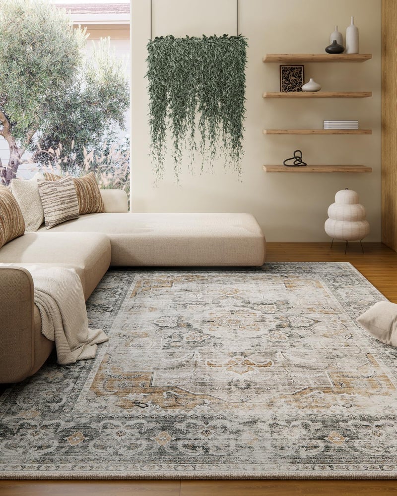 palohom Machine Washable Living Room Rug: 5'x7' Bedroom Rugs Boho Vintage Large Rug Stain Resistant Non Slip Low Pile Faux Wool Soft Rugs for Dining Room Bedside Kitchen Entryway Nursery Home Office - Image 1