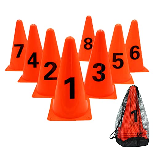 ASENVER 9 Inch Plastic Traffic Marker Cones with Numbers 8 Pack Agility Sign Cones Soccer Cones for Sport Training (Orange) - Image 1