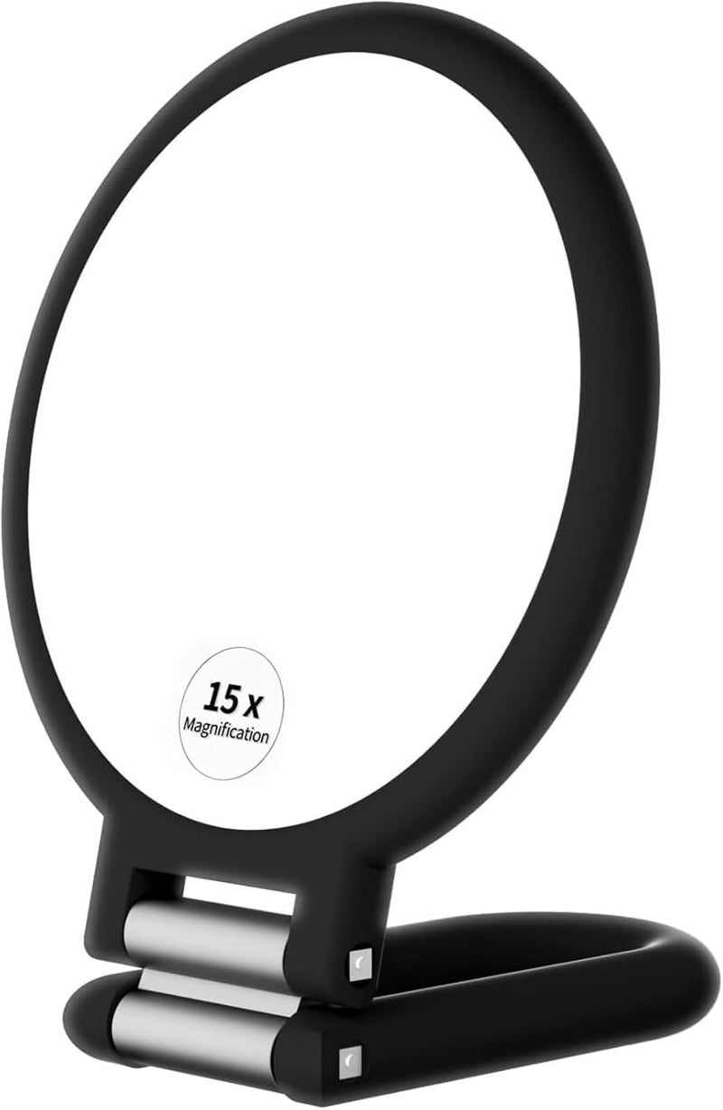 Tazweeq Handheld Mirror, 1X and 15X Double Sided Magnifying Mirror with Handle, Travel Folding Compact Mirror, Adjustable Rotation Pedestal for Makeup Desk Vanity - Image 1