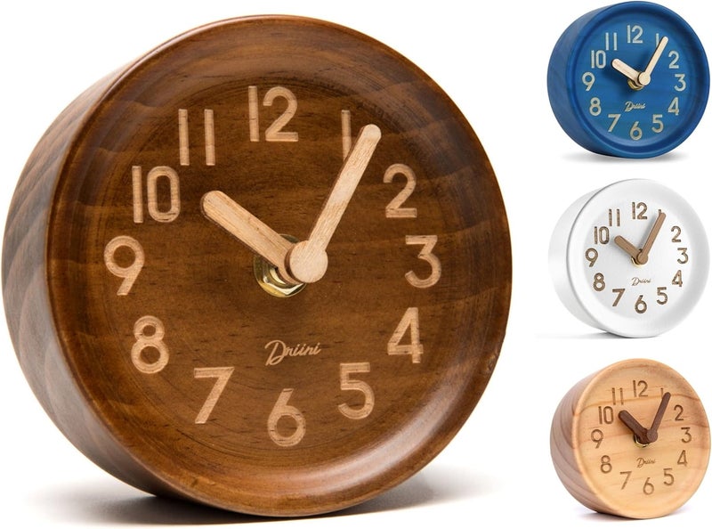 Driini Wooden Analog Desktop Clock – 4.3 in. Decorative Pinewood, No-Tick Design – Easy to Read Silent Sweep Mantle Clock – Quiet Tabletop Clocks with Wood Body, Hands, & Battery Cover; Dark - Image 1