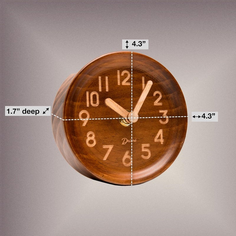 Driini Wooden Analog Desktop Clock – 4.3 in. Decorative Pinewood, No-Tick Design – Easy to Read Silent Sweep Mantle Clock – Quiet Tabletop Clocks with Wood Body, Hands, & Battery Cover; Dark - Image 3