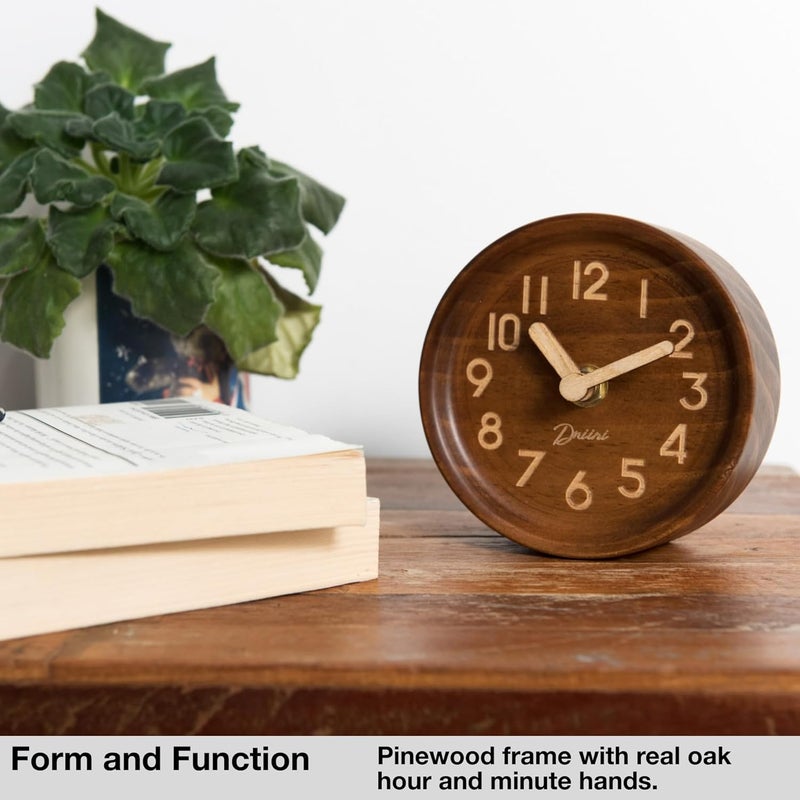 Driini Wooden Analog Desktop Clock – 4.3 in. Decorative Pinewood, No-Tick Design – Easy to Read Silent Sweep Mantle Clock – Quiet Tabletop Clocks with Wood Body, Hands, & Battery Cover; Dark - Image 2