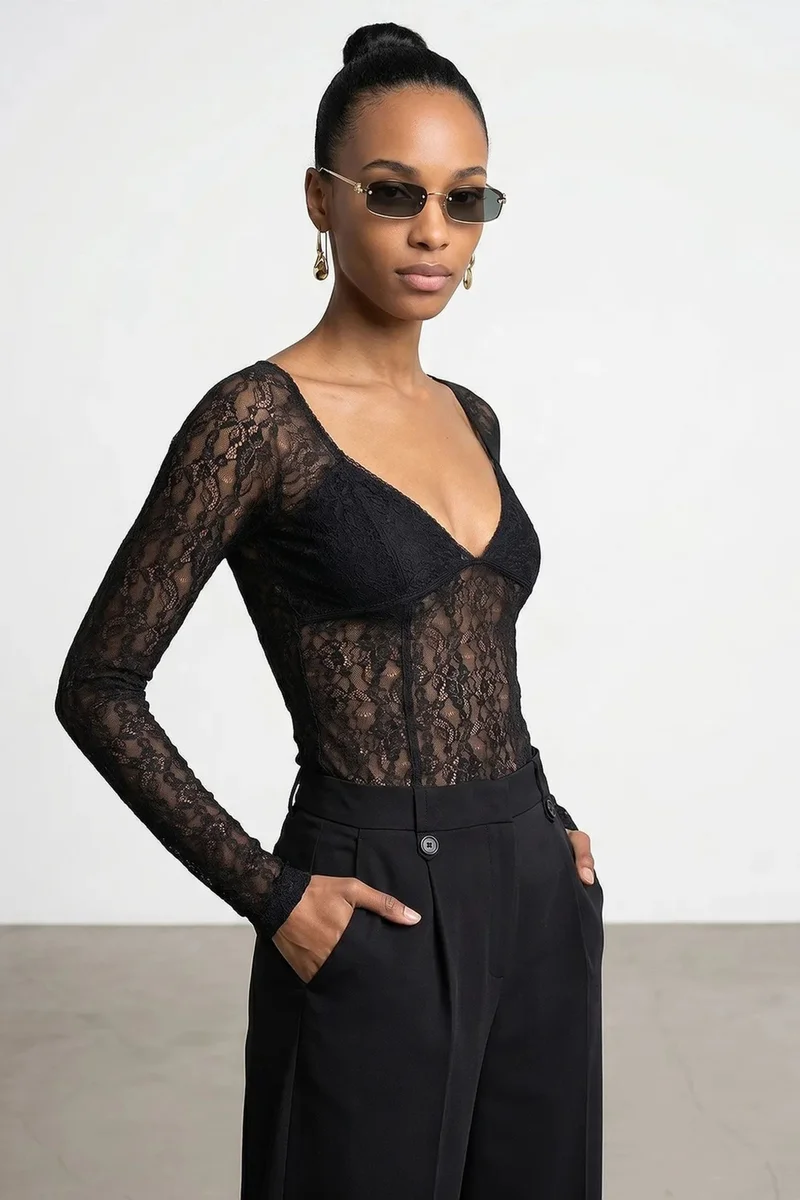 Dilvin Black DILVIN Women’s Lace V-neck Long-sleeve Top for Women | Best Price UAE