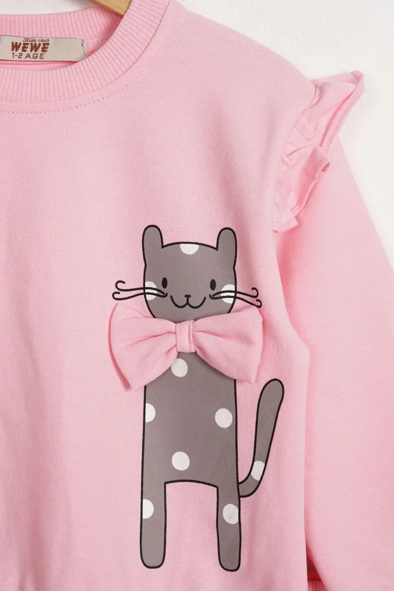 Zepkids Girl Light Pink Ribboned Cat Printed Two Piece Set