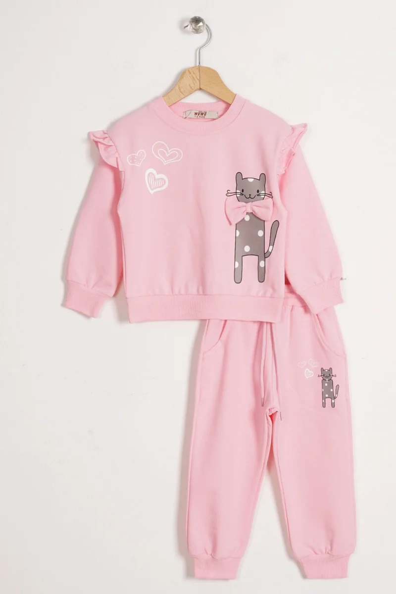 Zepkids Girl Light Pink Ribboned Cat Printed Two Piece Set