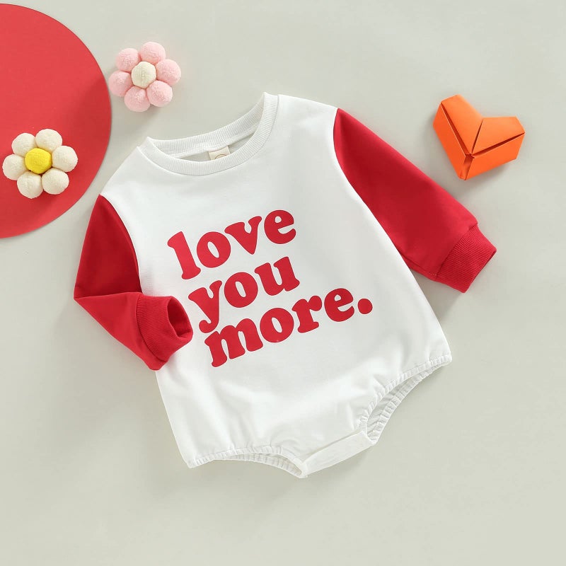 DNOMAID YZARC Valentines Baby Girl Boy Outfit Heart Crewneck Bubble Romper Sweatshirt Long Sleeve Bodysuit Sweater Tops (Red love you more, 0-3 Months) - Image 3
