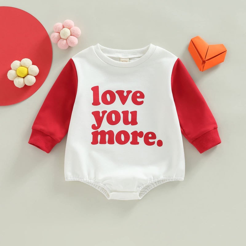 DNOMAID YZARC Valentines Baby Girl Boy Outfit Heart Crewneck Bubble Romper Sweatshirt Long Sleeve Bodysuit Sweater Tops (Red love you more, 0-3 Months) - Image 2