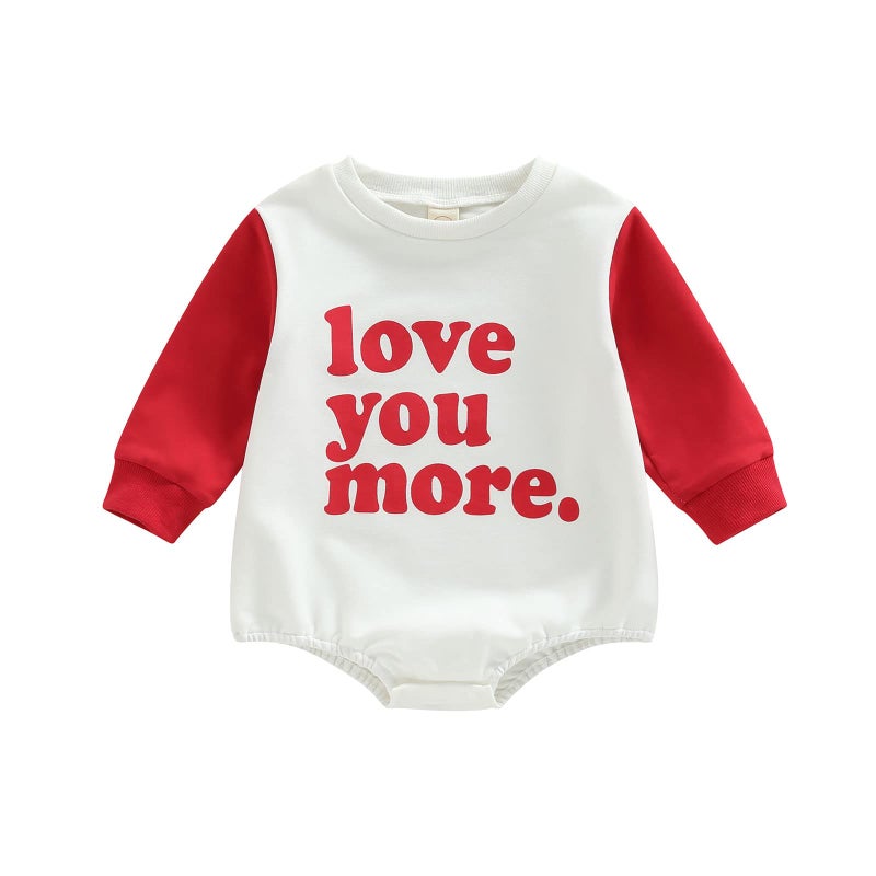 DNOMAID YZARC Valentines Baby Girl Boy Outfit Heart Crewneck Bubble Romper Sweatshirt Long Sleeve Bodysuit Sweater Tops (Red love you more, 0-3 Months) - Image 1