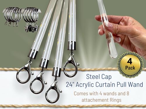 OooWow 24 inch (4 Pack) Steel Cap Round Base Acrylic Curtain Pull Wand - Clear Curtain Wand - Invisible Drapery Wand - Drapery Pull Rod (24 Inch) - Image 2