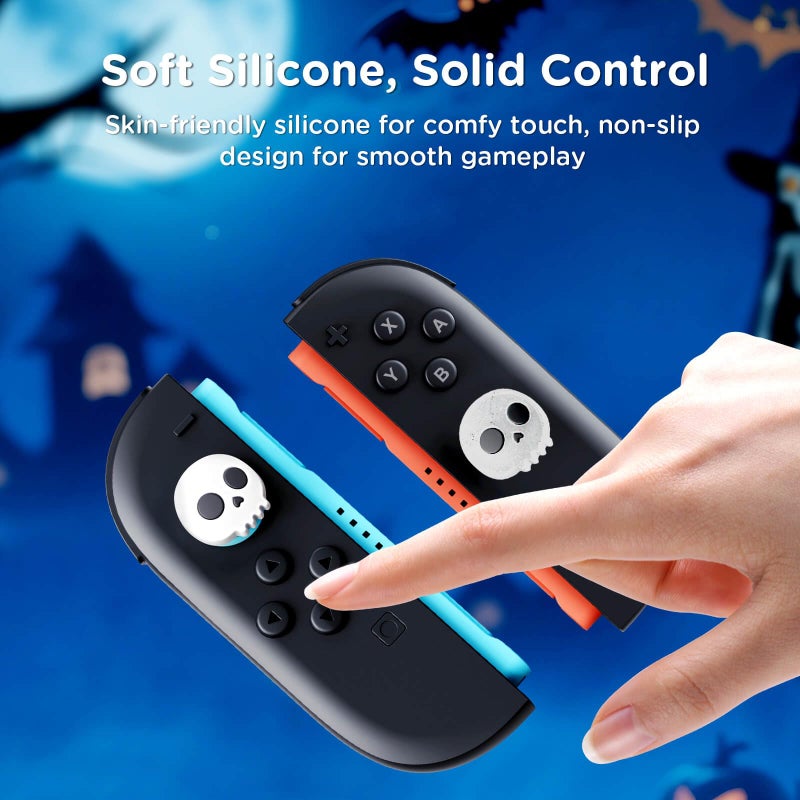 Jemdo Thumb Grips Compatible with Nintendo Switch 2 (2025) â€“ 4pcs White/Glitter Skull Design Silicone Joystick Caps, Comfortable Controller Stick Cover Gifts for Kids & Gamers - Image 2