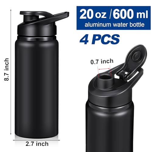 CHENGU 4 Pieces Water Bottle Bulk 20 oz Aluminum Reusable Bottles Lightweight Snap Lid Water Cups Easy Carry Leak Proof Travel Tumbler for Gym Sports Camping Hiking Fishing Black - Image 3