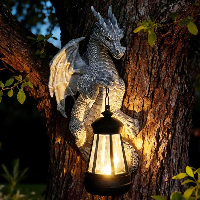 Halovin Garden Statues Tree Hugger Dragon - Halloween Dragon Statue Solar Lights Outdoor Patio Wall Decor,Christmas& Mothers Day&Birthday Gifts for Grandma Mom Women,Ideas Arts Crafts Waterproof Resin Lantern - Image 1
