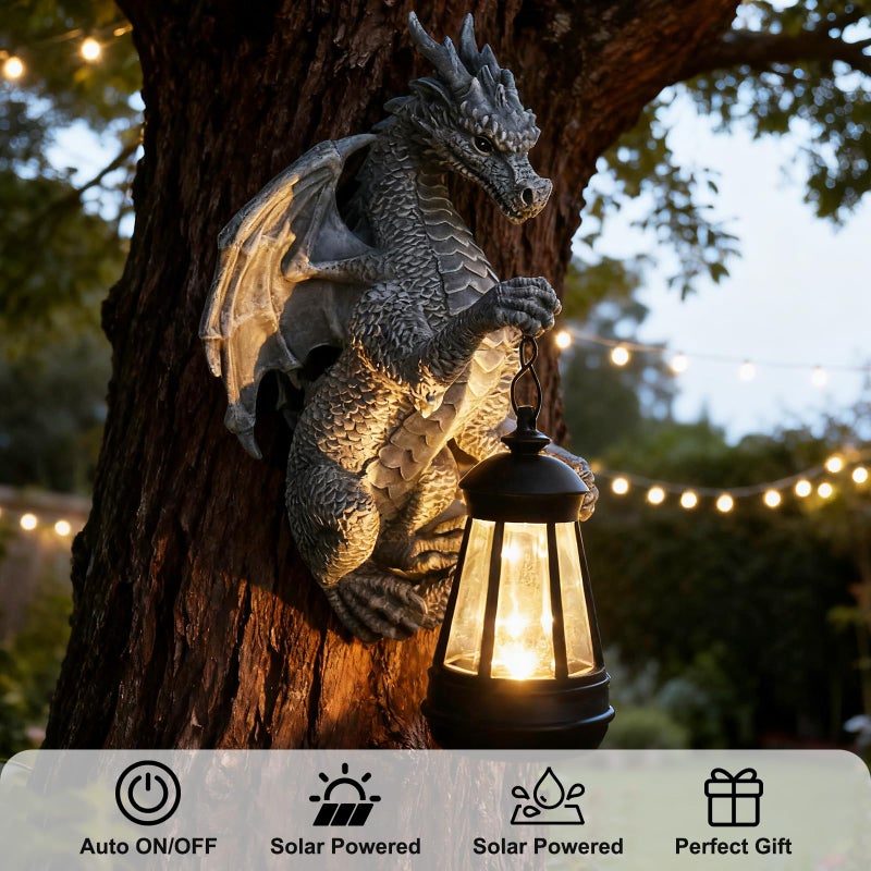 Halovin Garden Statues Tree Hugger Dragon - Halloween Dragon Statue Solar Lights Outdoor Patio Wall Decor,Christmas& Mothers Day&Birthday Gifts for Grandma Mom Women,Ideas Arts Crafts Waterproof Resin Lantern - Image 2