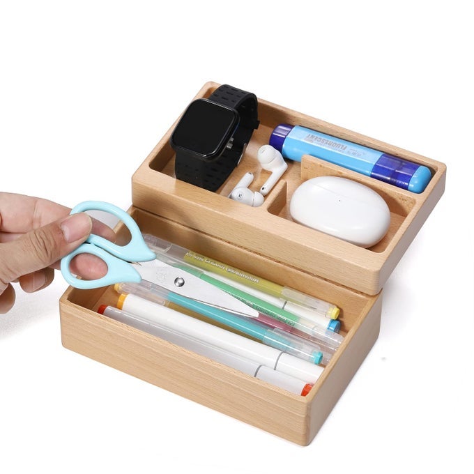 Valet Tray Box Beech Wooden Storage Box with Magnetic Rotating Office Desk Daily Supplies Organizer