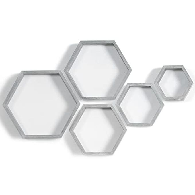 PHOENANCEE Hexagon Floating Shelves,Wall Mounted Wood Farmhouse Storage Honeycomb Wall Shelf Set of 5,for Bathroom, Kitchen, Bedroom, Living Room,Office,Driftwood Finish (Vintage Grey) - Image 4