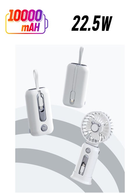 10000 mAh Detachable Power bank,Fan Power Bank 2 In 1,Comes With TYPE-C And LIGHTNING Charging Cables, USB-A Charging Port,White