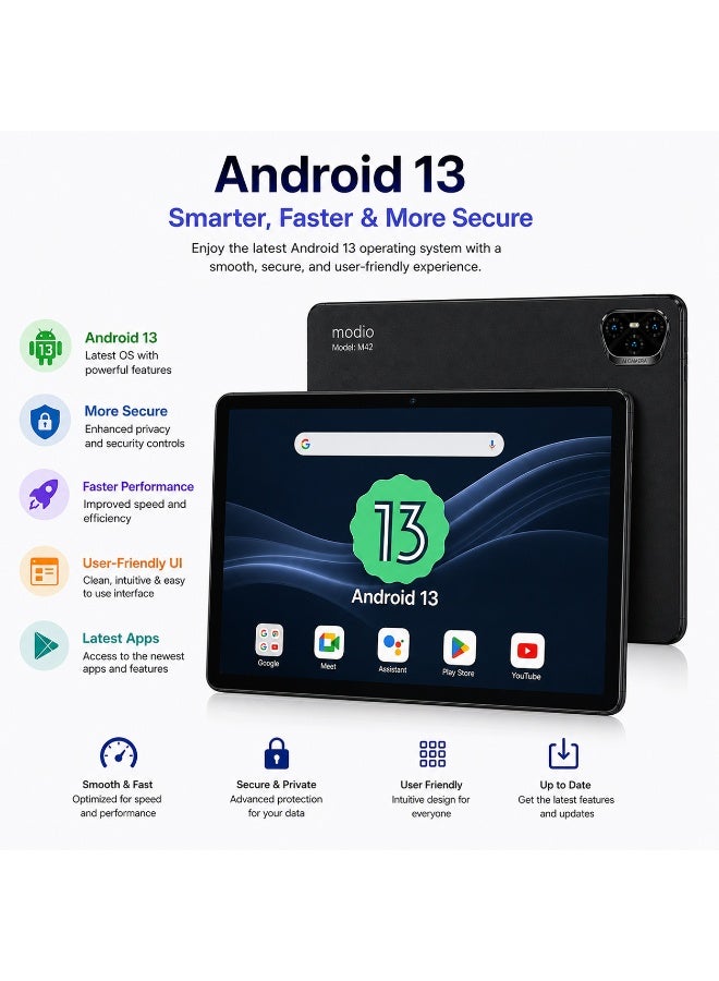 MODIO TAB Tab M42 Tablet 10.1" IPS HD, 8GB RAM 512GB Storage, Android 13, 10000mAh, Dual SIM WiFi, 13MP Camera, Keyboard Mouse Pen Bundle – Black - Image 4