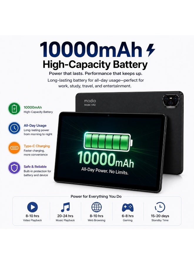 MODIO TAB Tab M42 Tablet 10.1" IPS HD, 8GB RAM 512GB Storage, Android 13, 10000mAh, Dual SIM WiFi, 13MP Camera, Keyboard Mouse Pen Bundle – Black - Image 5