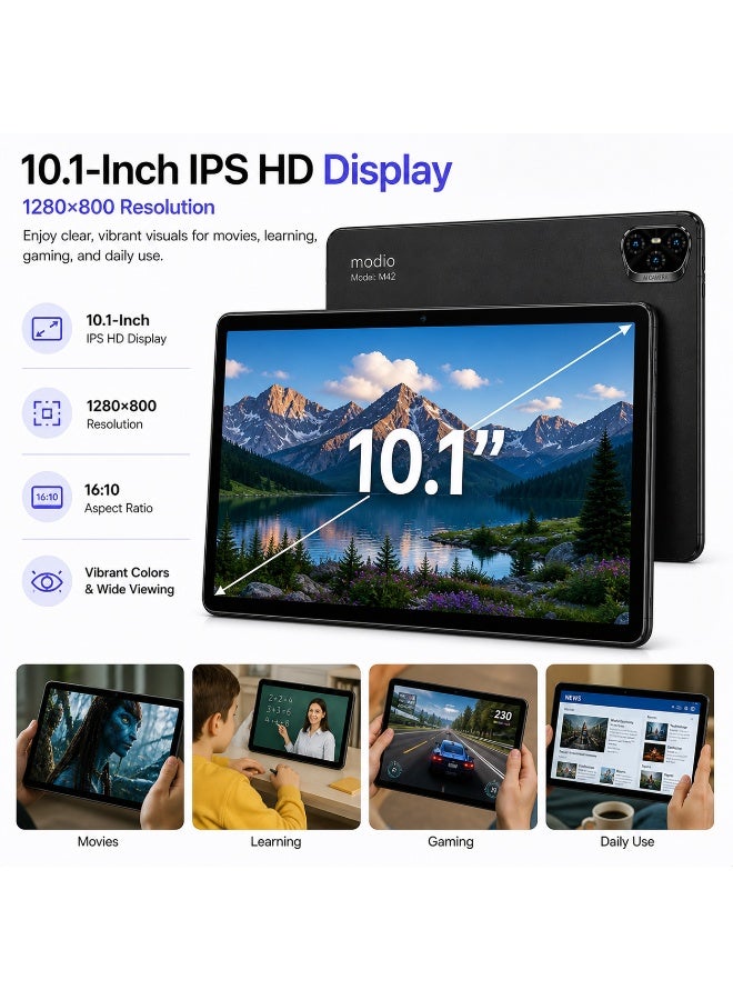 MODIO TAB Tab M42 Tablet 10.1" IPS HD, 8GB RAM 512GB Storage, Android 13, 10000mAh, Dual SIM WiFi, 13MP Camera, Keyboard Mouse Pen Bundle – Black - Image 2