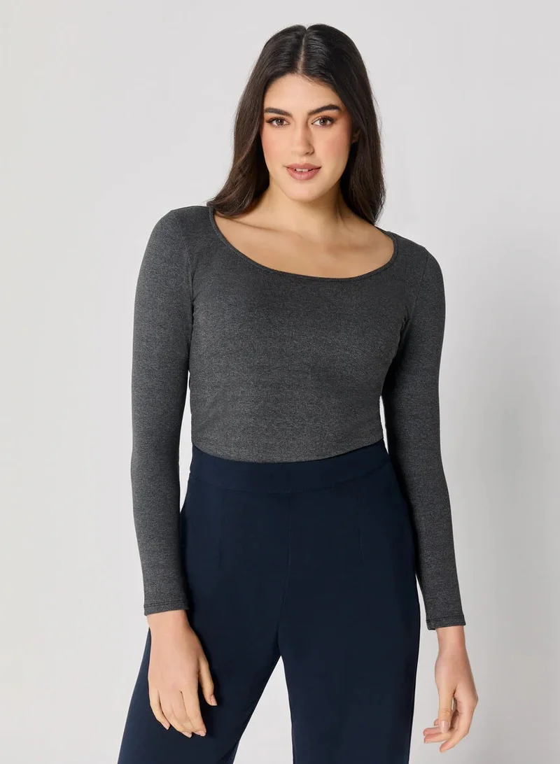 Zigzag Long Sleeve Dark Grey Rib Top