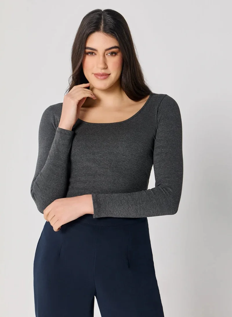 Zigzag Long Sleeve Dark Grey Rib Top