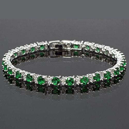 RIZILIA Round Simulated Green Emerald and White Cubic Zirconia 18K White Gold Plated Tennis Bracelet, 7" - Image 3
