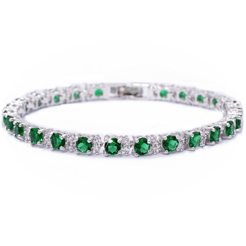 RIZILIA Round Simulated Green Emerald and White Cubic Zirconia 18K White Gold Plated Tennis Bracelet, 7" - Image 2