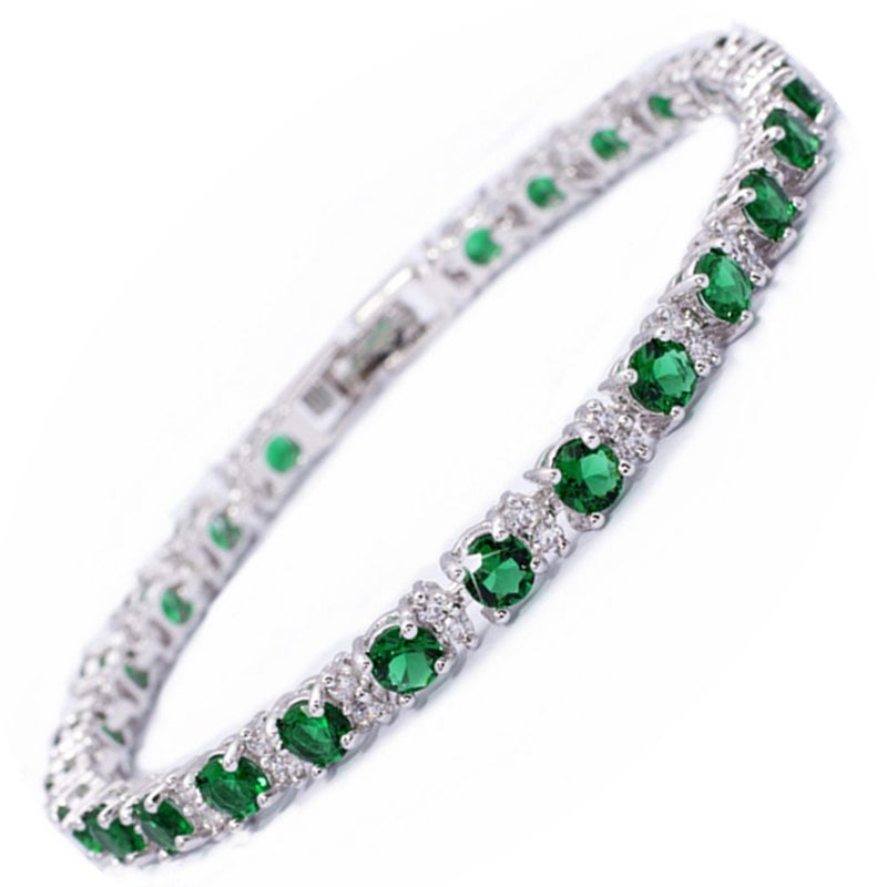RIZILIA Round Simulated Green Emerald and White Cubic Zirconia 18K White Gold Plated Tennis Bracelet, 7" - Image 1