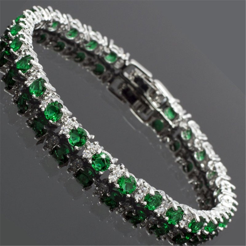 RIZILIA Round Simulated Green Emerald and White Cubic Zirconia 18K White Gold Plated Tennis Bracelet, 7" - Image 4