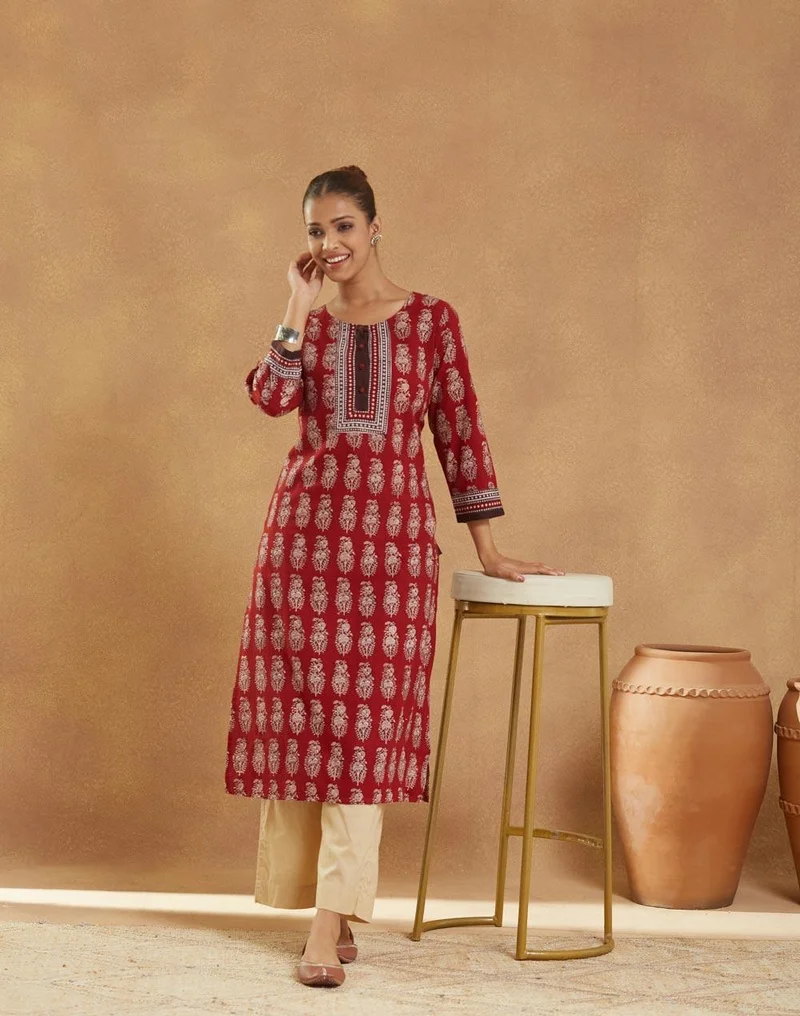 Fabindia Maroon Cotton Bagh Printed Long Kurta