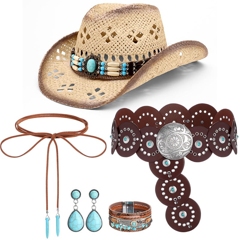 Cutecrop 5 Pcs Boho Jewelry Western Hat Set Straw Cowboy Hat Western Belt Boho Pendant Choker Layered Bracelet Dangle Earrings - Image 1