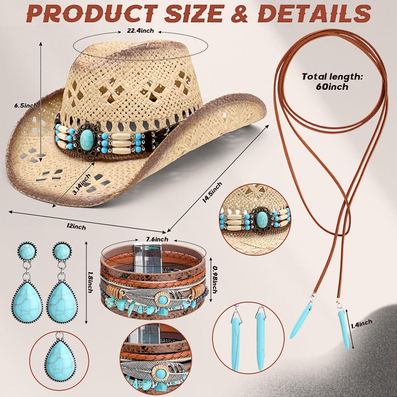 Cutecrop 5 Pcs Boho Jewelry Western Hat Set Straw Cowboy Hat Western Belt Boho Pendant Choker Layered Bracelet Dangle Earrings - Image 2