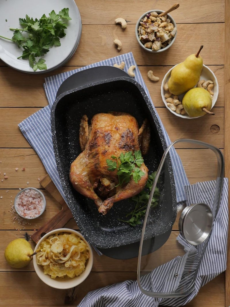 Olpad صينية الشواء من الألمنيوم المصبوب أولباد مع زر العطر المدمج وصينية الشواء من الألمنيوم المصبوب مع فتحة بخار وطلاء تيفلون غير لاصق وغطاء للشواء حتى 240 درجة مئوية آمنة للغسل في غسالة الصحون - Image 2